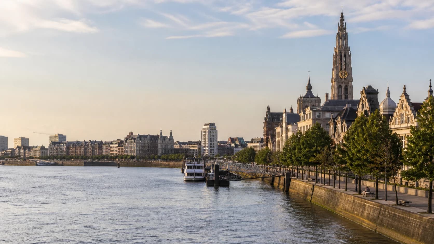 Antwerp waterfront with the Cathedral of Our Lady