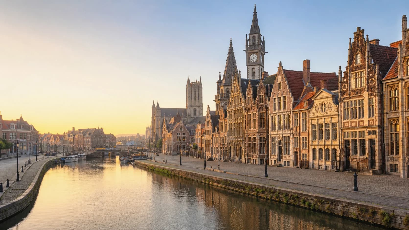 Historic Ghent waterfront and city towers
