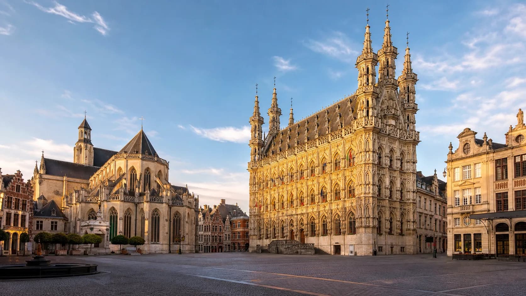 Leuven Grote Markt with the Town Hall and Saint Peter's Church